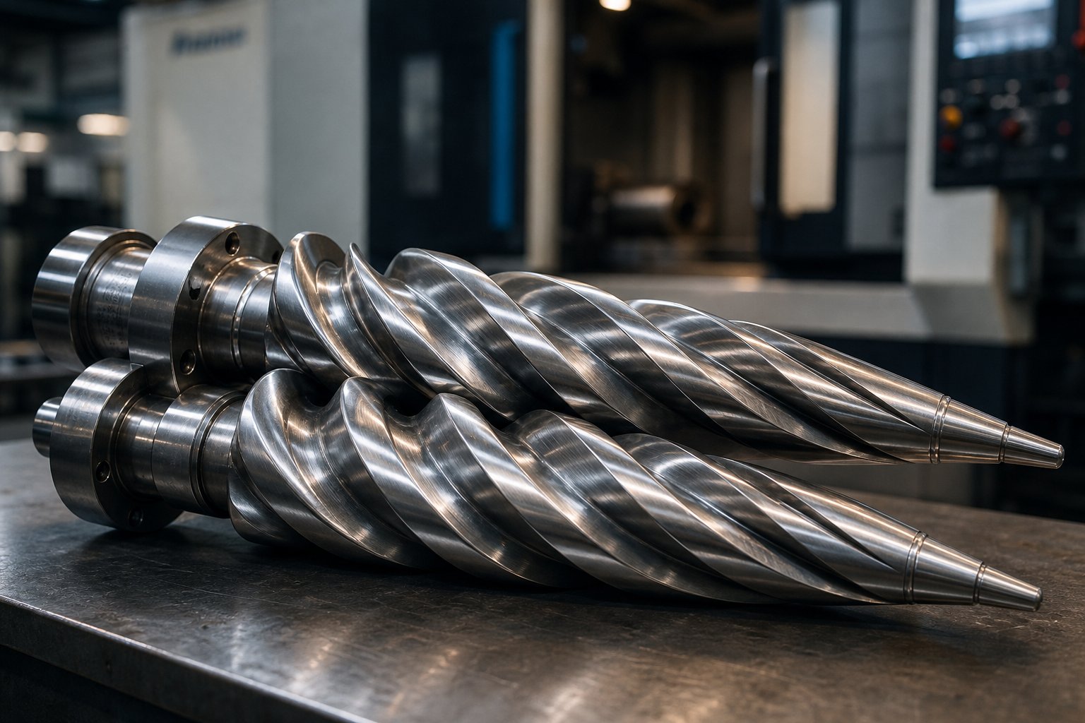 precision machined conical twin screws showcasing tapered geometry for polymer extrusion