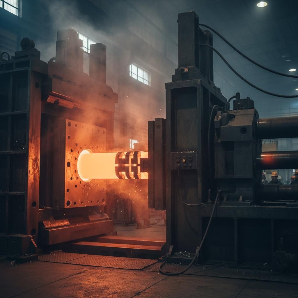 aluminum extrusion process showing heated billet flowing through a precision die under high pressure