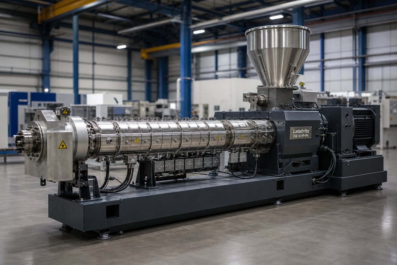 industrial twin screw extruder machine with segmented barrel and modular screw assembly for polymer compounding