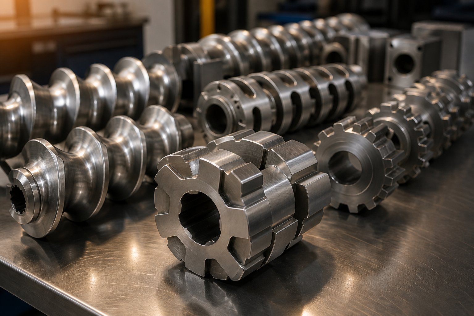 modular screw elements including conveying flights and kneading blocks used in twin screw extruder configurations