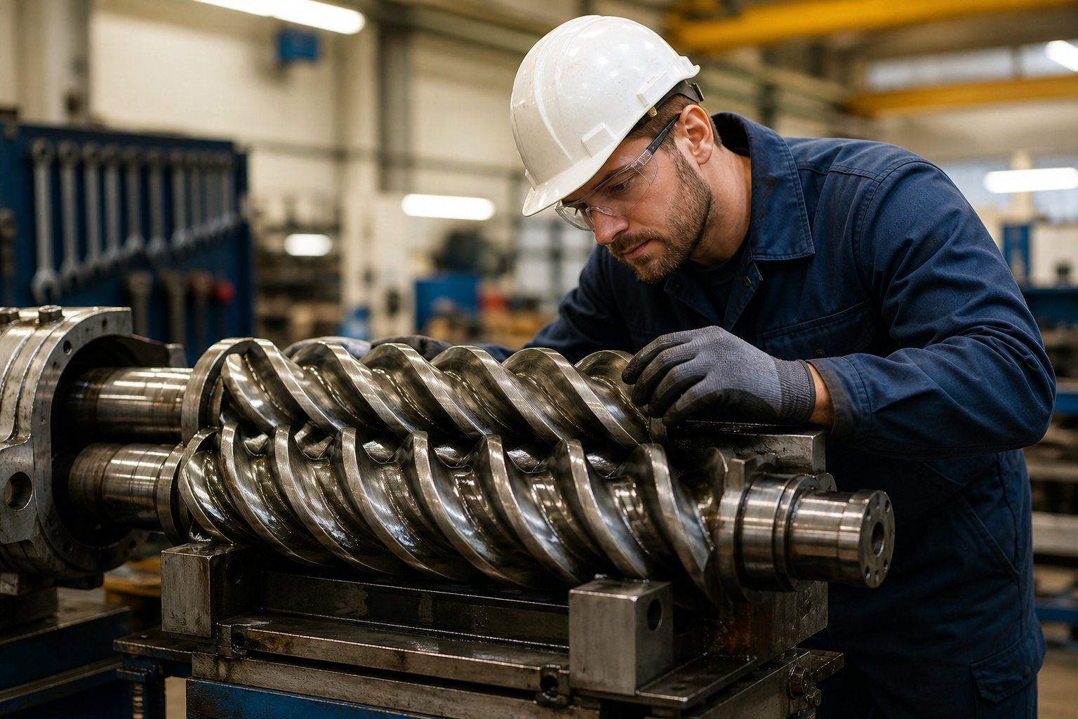 technician inspecting twin screw extruder screws during routine maintenance to prevent wear related processing issues
