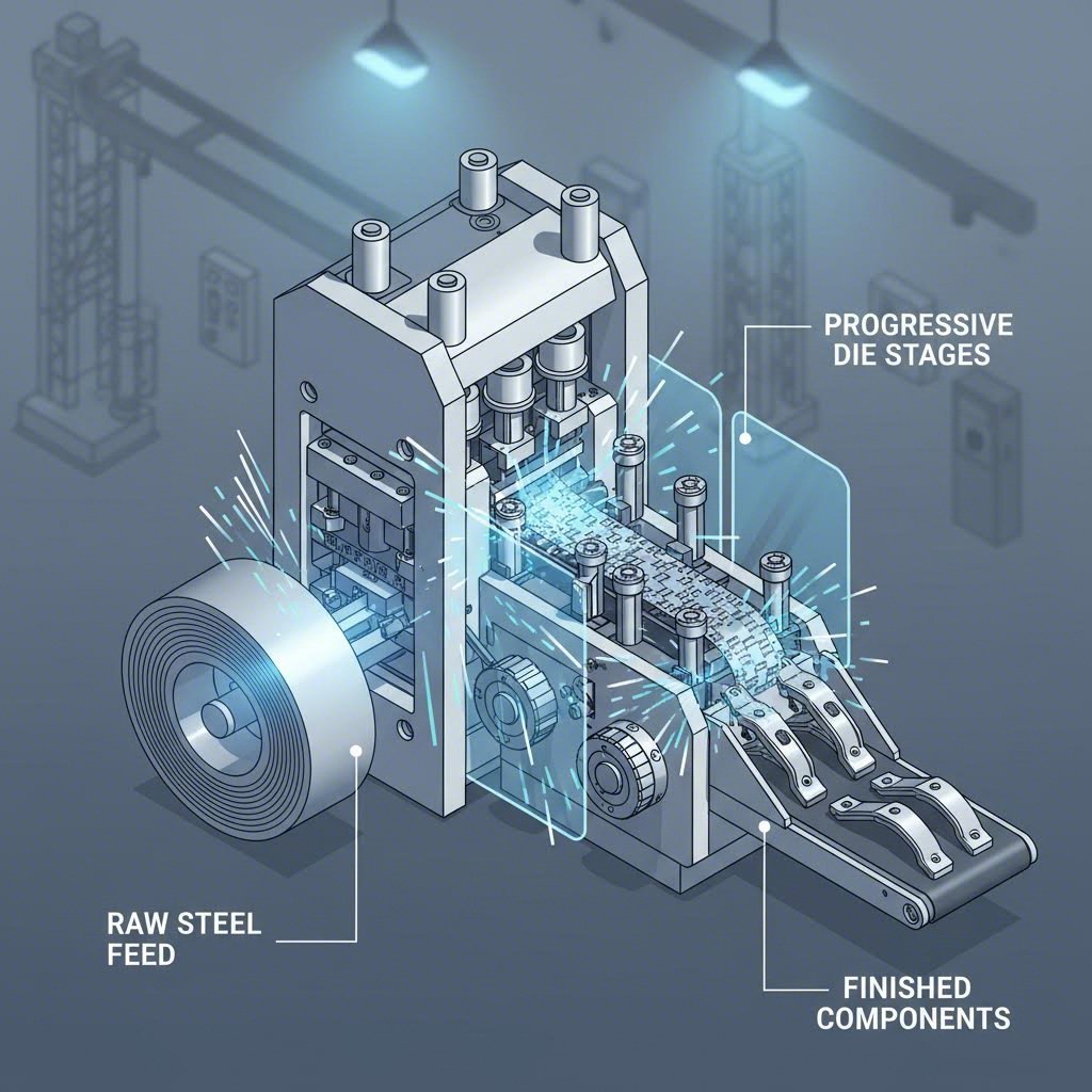 Diagram of a progressive die stamping line converting raw steel coils into wiper arm components