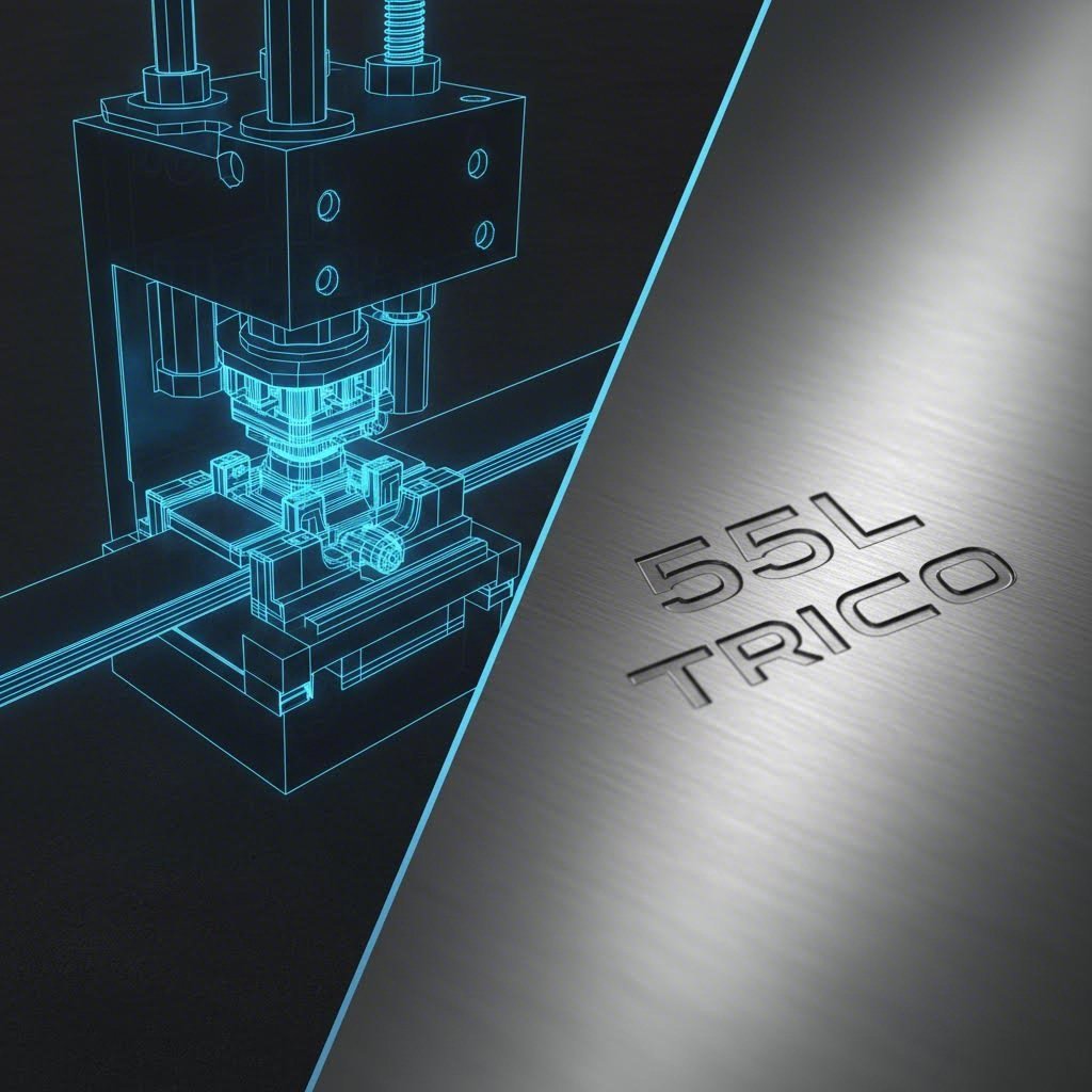 Split view showing the progressive die stamping process and the resulting identification codes on a wiper arm