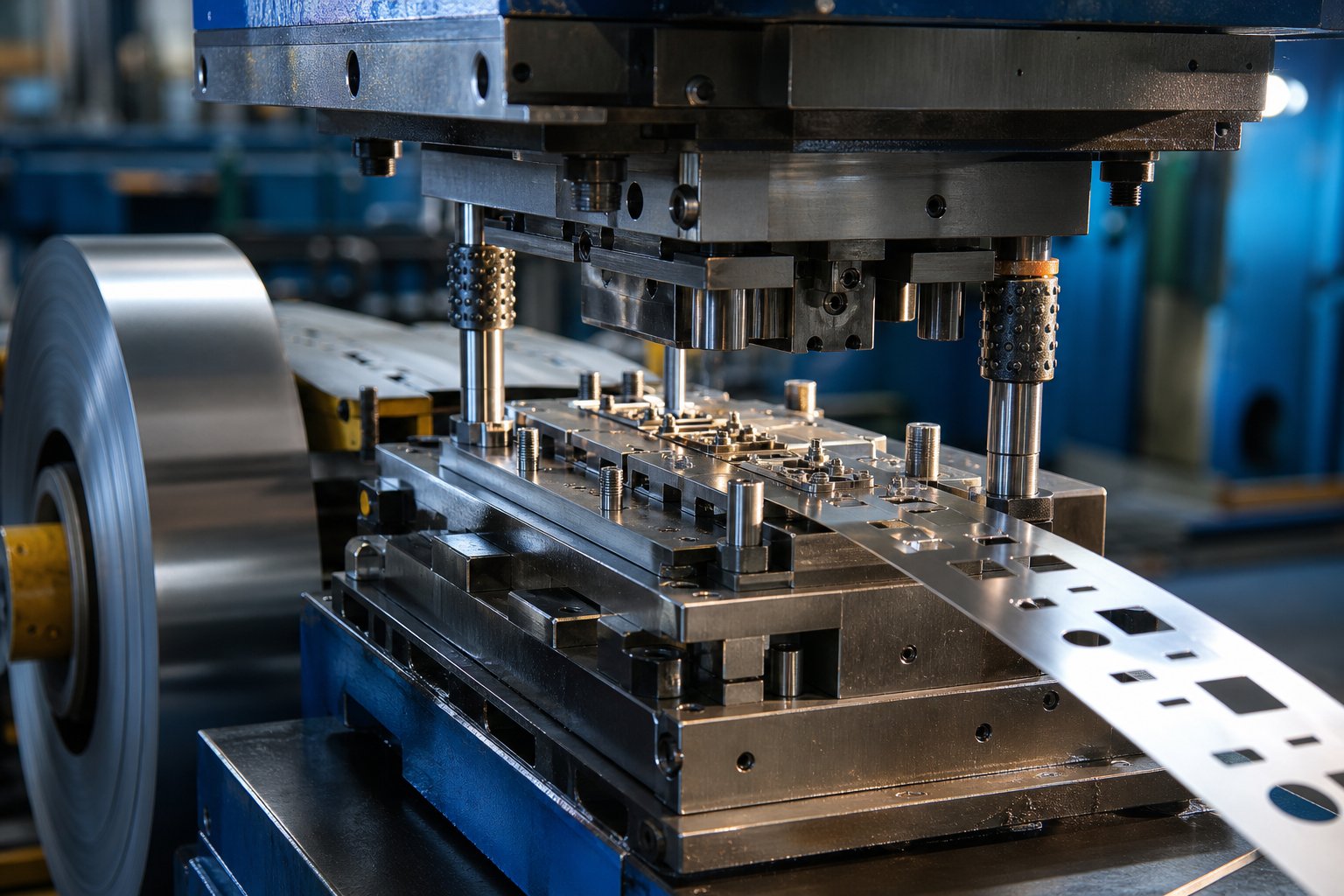 custom progressive stamping die mounted in a press engineered for high volume precision metal part production