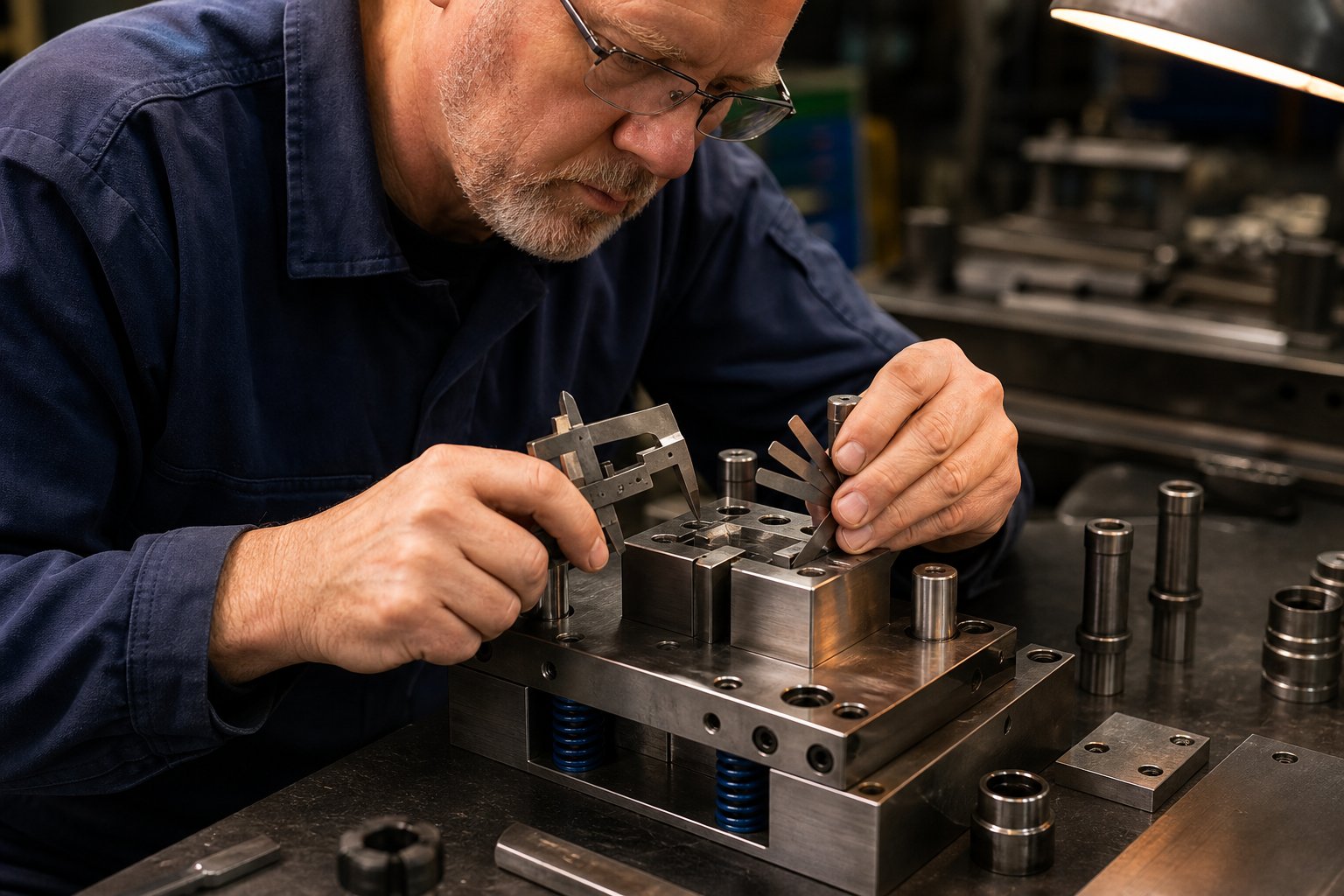 die assembly and hand fitting stage where skilled toolmakers verify precision clearances before trial runs
