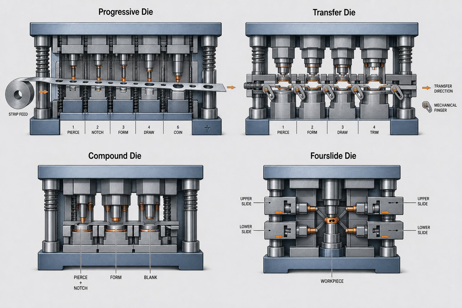 four main custom die types progressive transfer compound and fourslide configurations for different part requirements