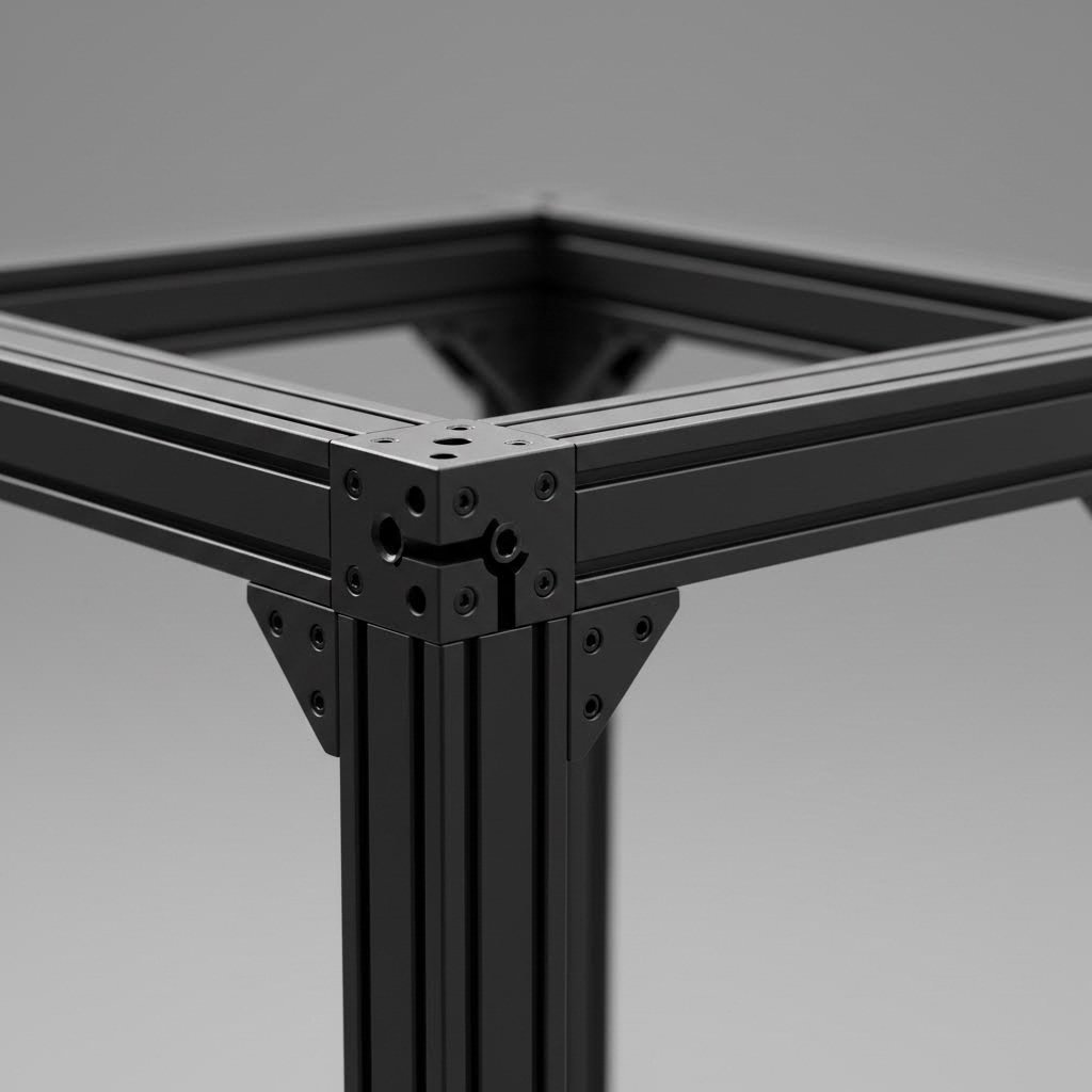 black aluminum t slot extrusion profiles assembled into a modular frame structure