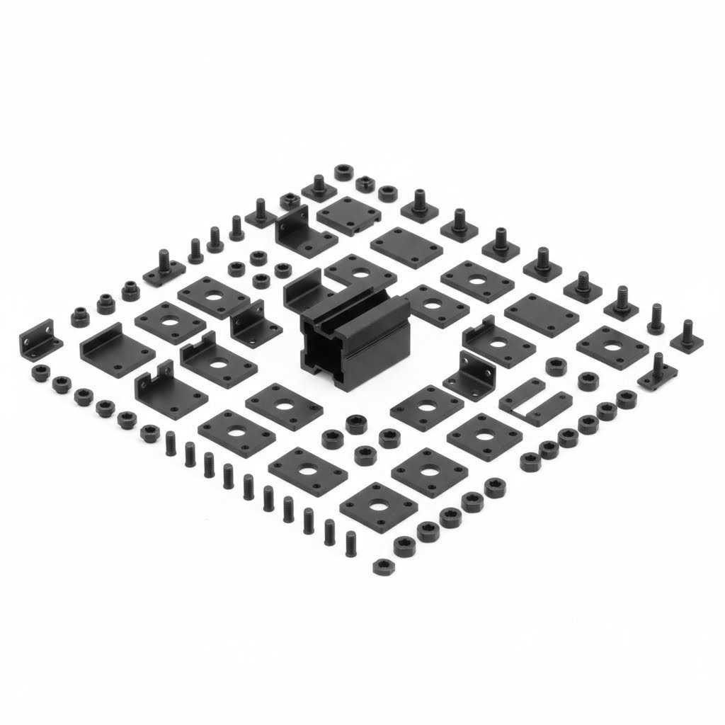 black t slot profile hardware components including t nuts brackets and connectors