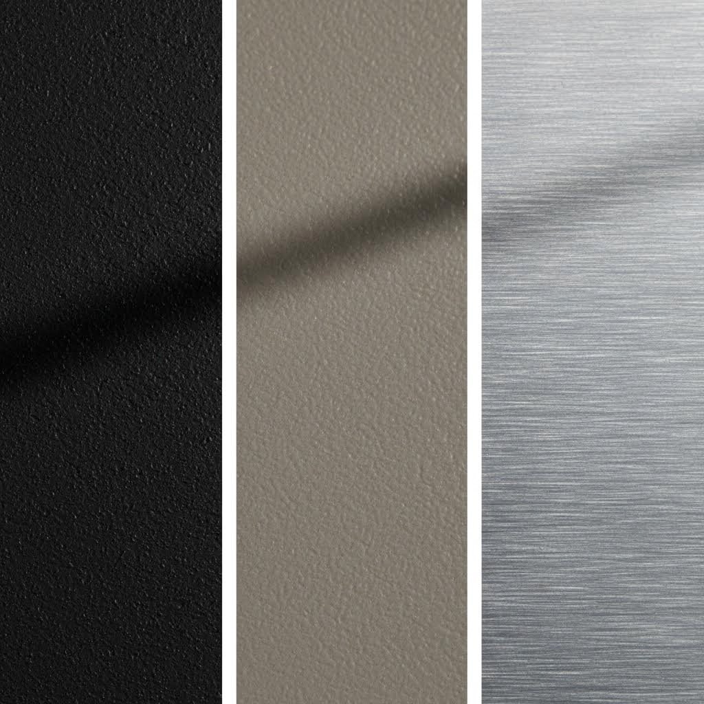 close up comparison of black anodized powder coated and natural aluminum surface finishes