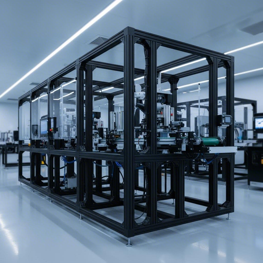 industrial workstation constructed with modular black aluminum extrusion framing