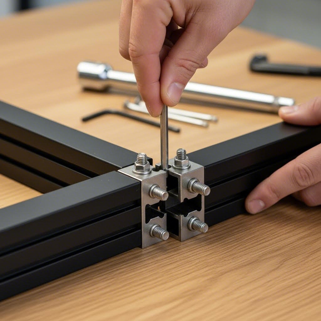 proper assembly technique for connecting black aluminum t slot profiles with corner brackets