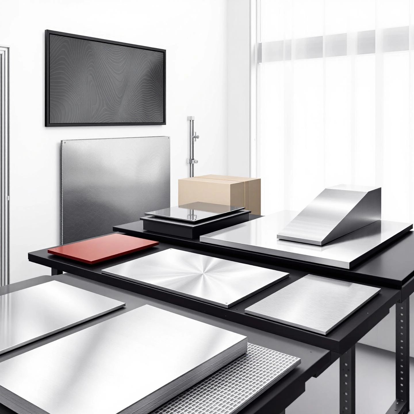 a variety of aluminum plates displayed in a professional workshop setting