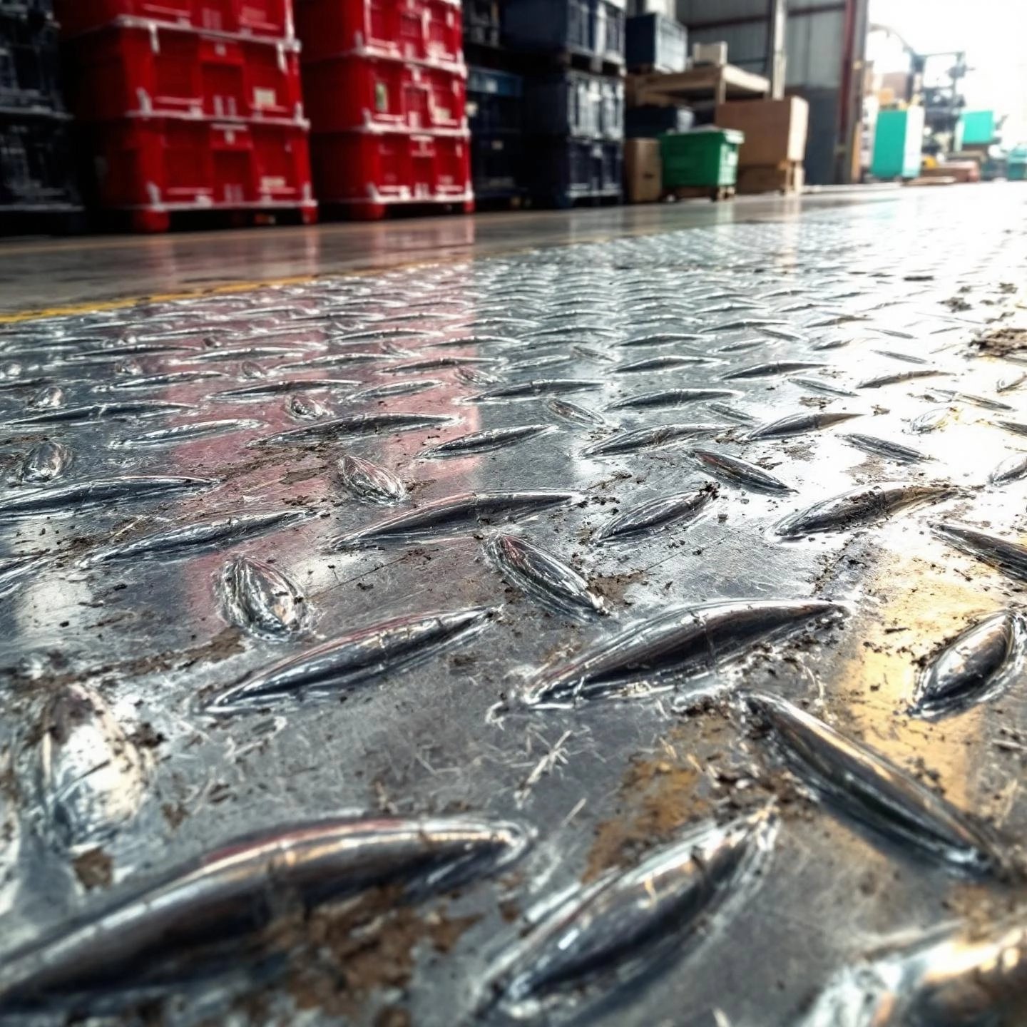 aluminum diamond plate surface showing its distinctive raised pattern in an industrial setting