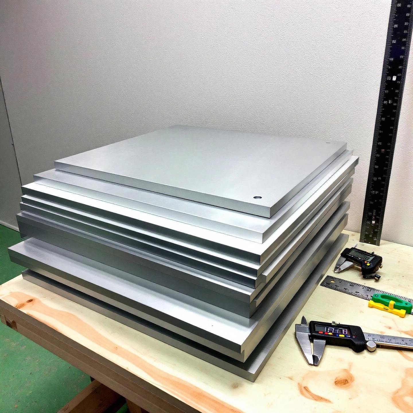 different aluminum plate thicknesses arranged with measuring tools for selection guidance