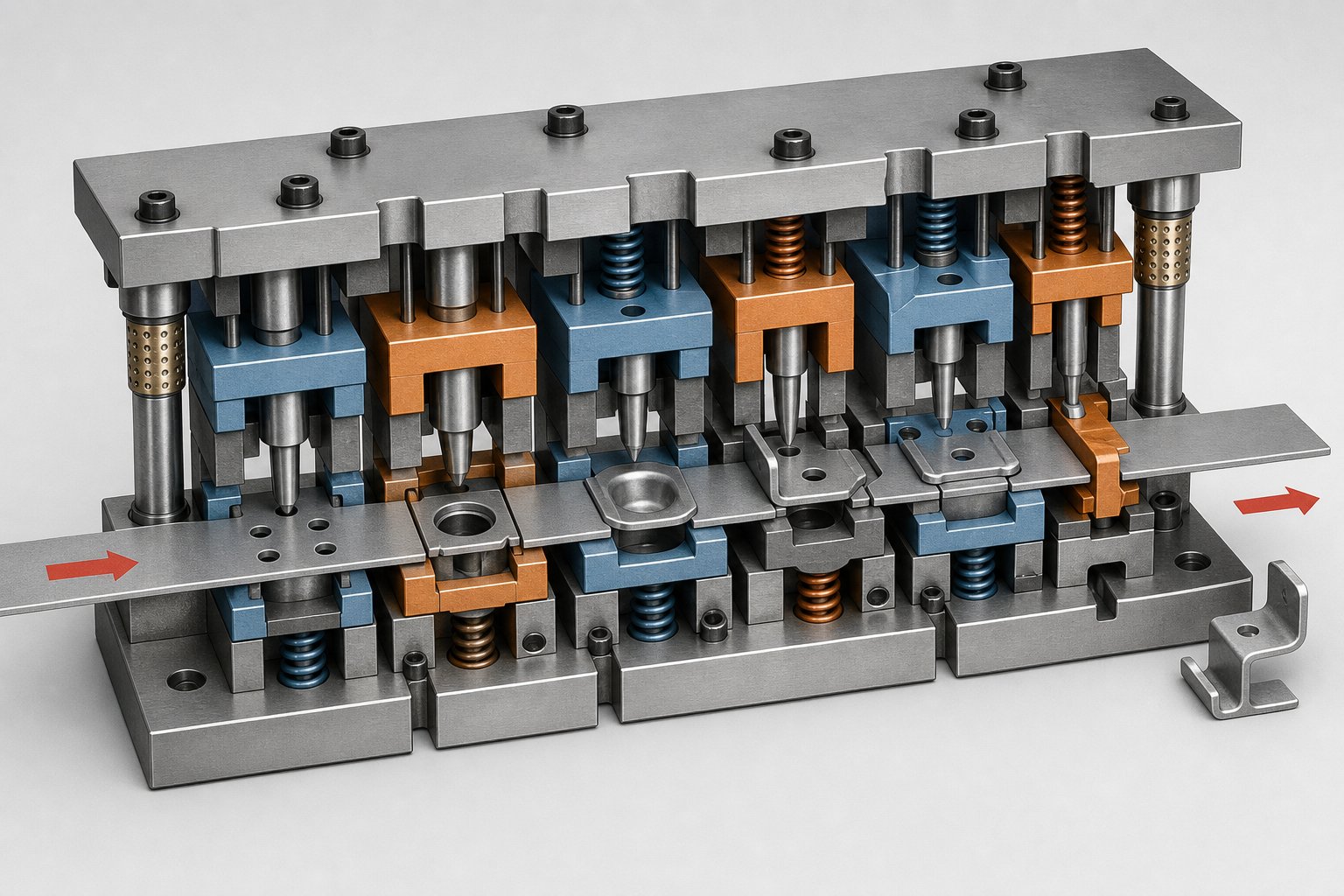 cutaway view of a progressive die showing how metal strip advances through sequential forming stations