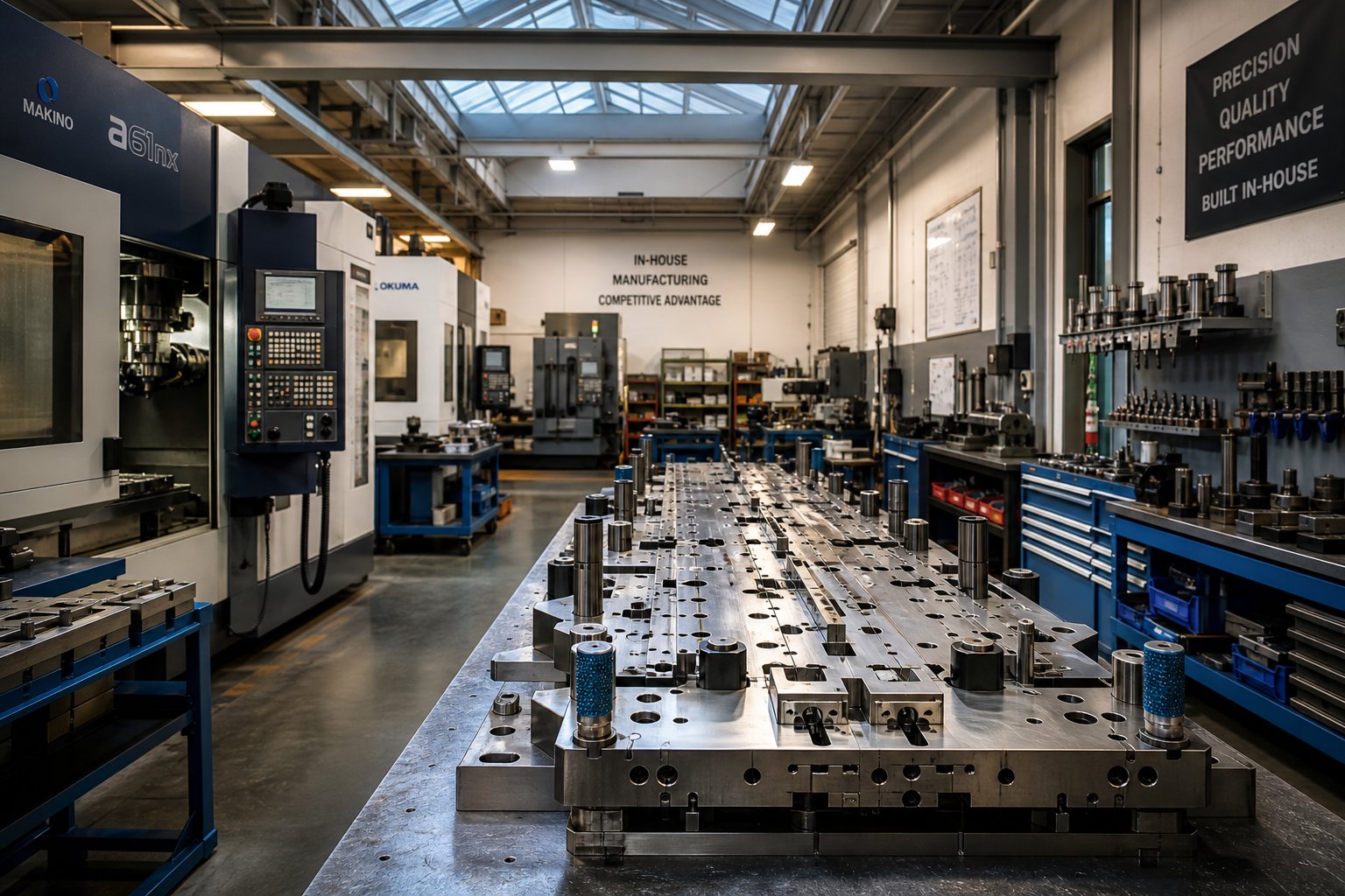 in house die toolroom with precision machining equipment and assembled progressive stamping die ready for production