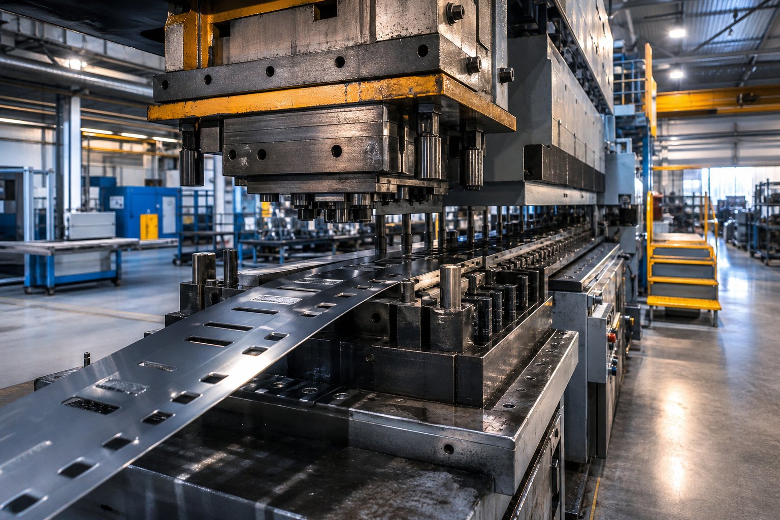 progressive die stamping press running continuous metal strip through multiple forming stations for high volume wholesale production