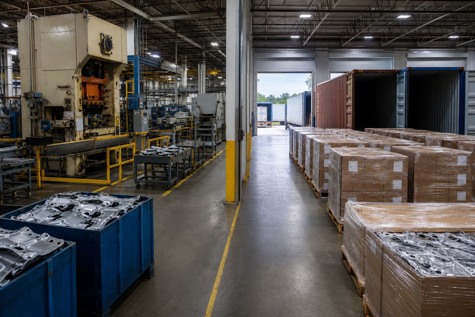 wholesale progressive stamping production and logistics staging area showing the tooling to delivery pipeline
