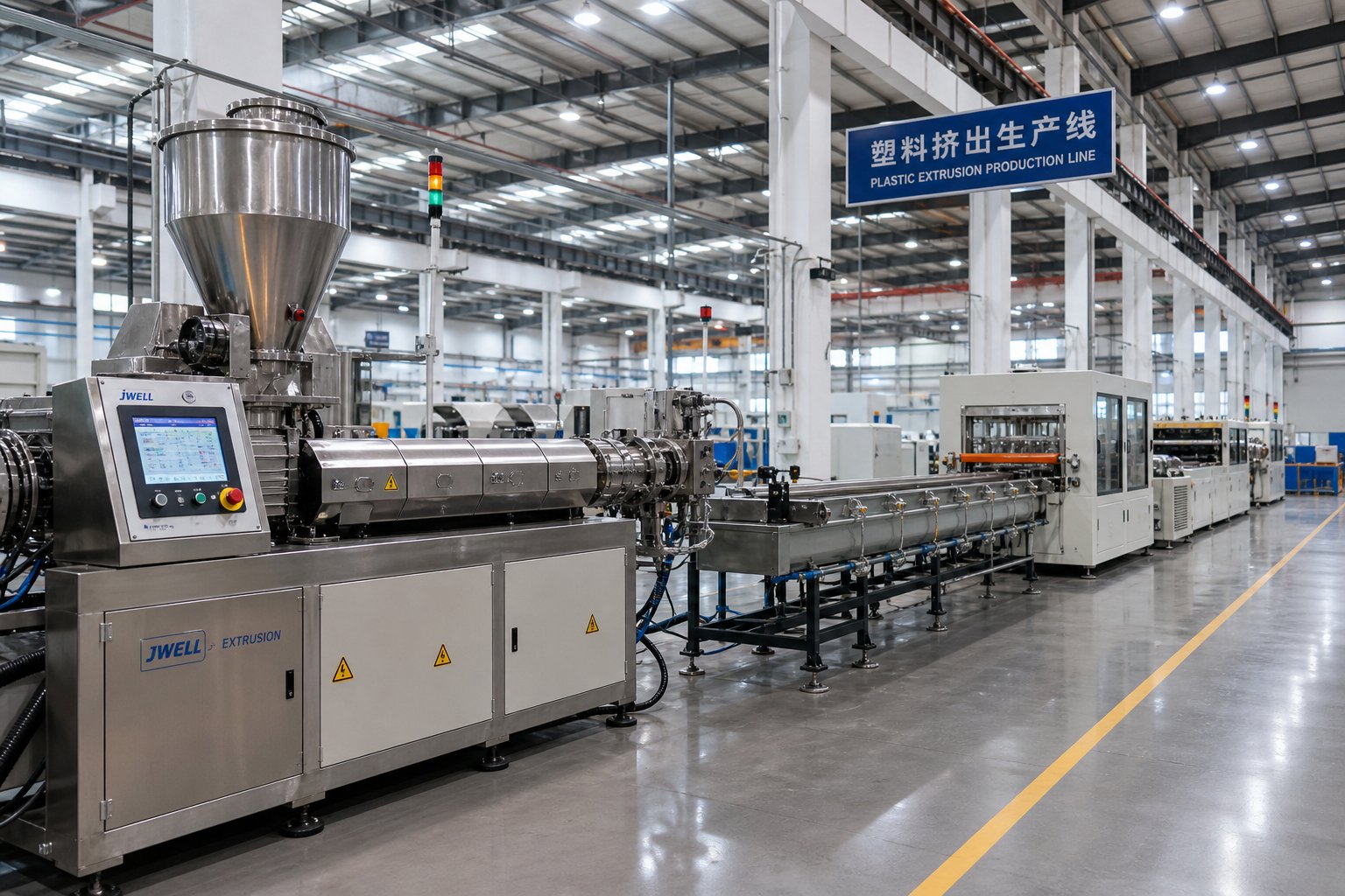 a complete extrusion line includes the extruder die cooling tanks haul off and cutter each component must be matched to the process