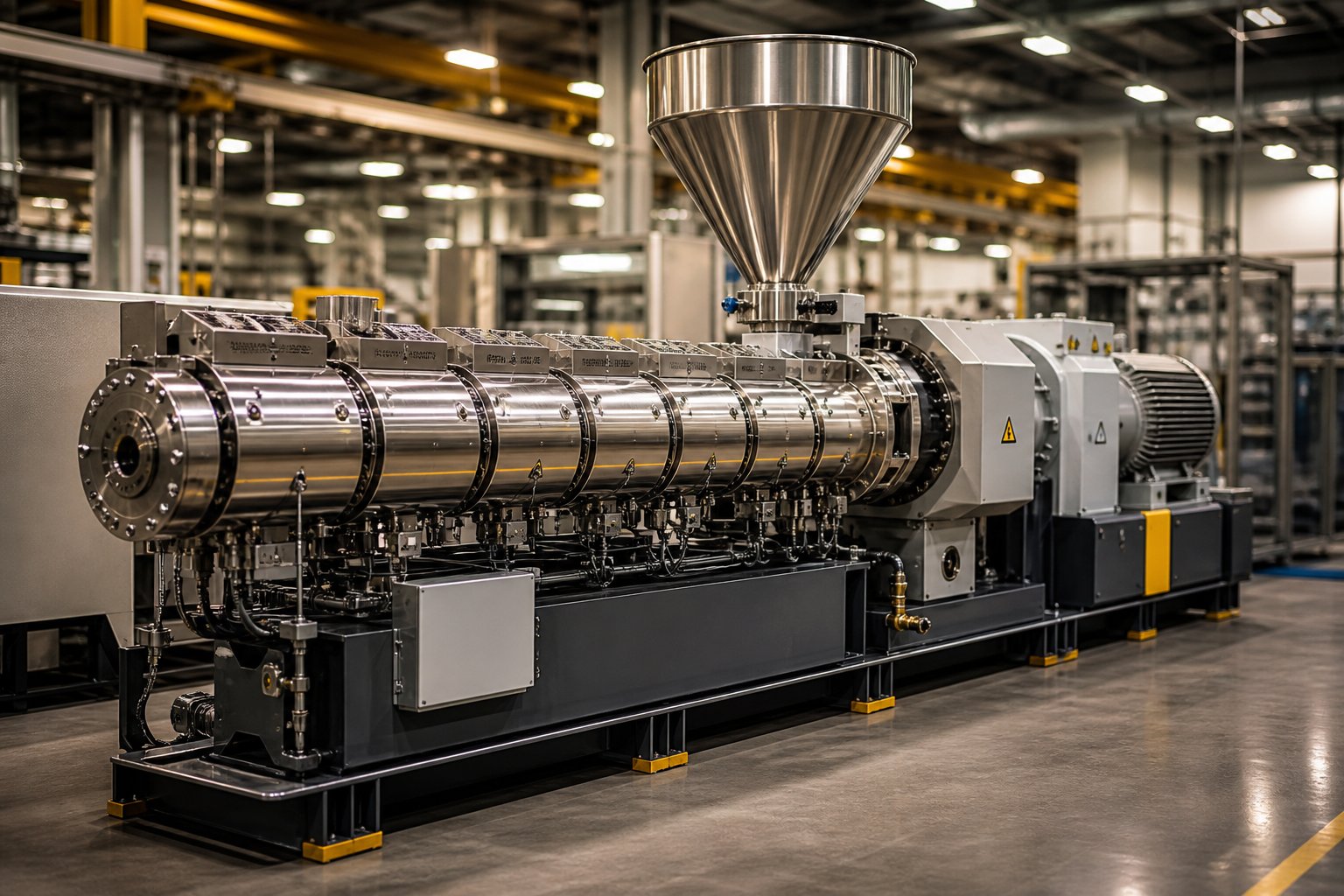 a plastic screw extruder converts raw polymer pellets into continuous products