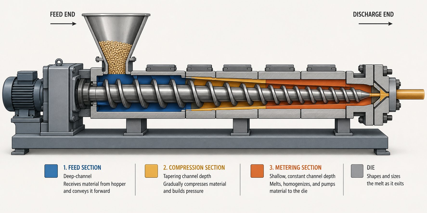 cutaway view of an extruder screw showing the feed transition and metering zones that progressively melt and pressurize plastic