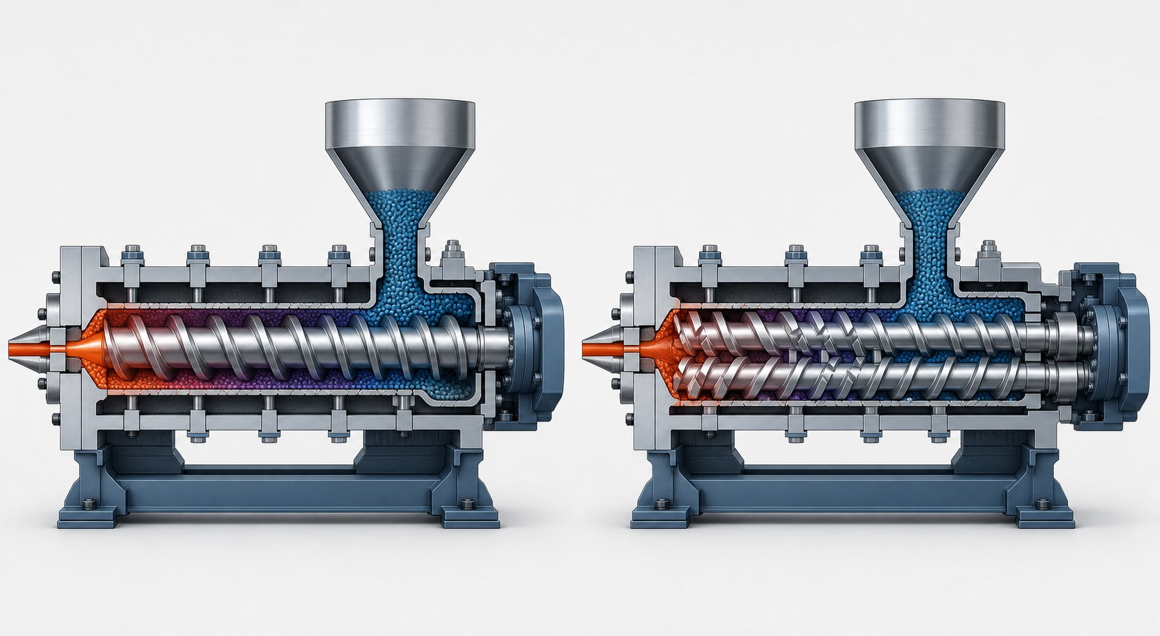 single screw and twin screw extruder configurations differ in screw count rotation direction and mixing intensity for different applications