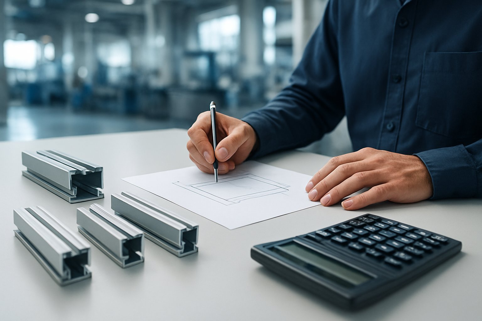 aluminum extrusion cost calculator concept with profile drawing and factory workflow