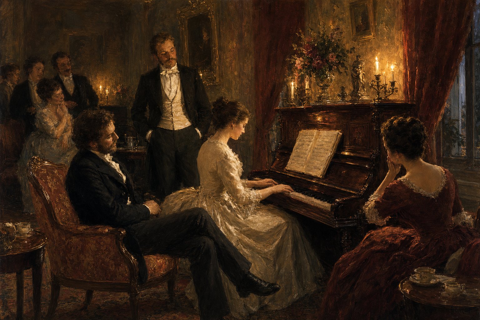 a nineteenth century parlor gathering where domestic piano culture helped art song flourish