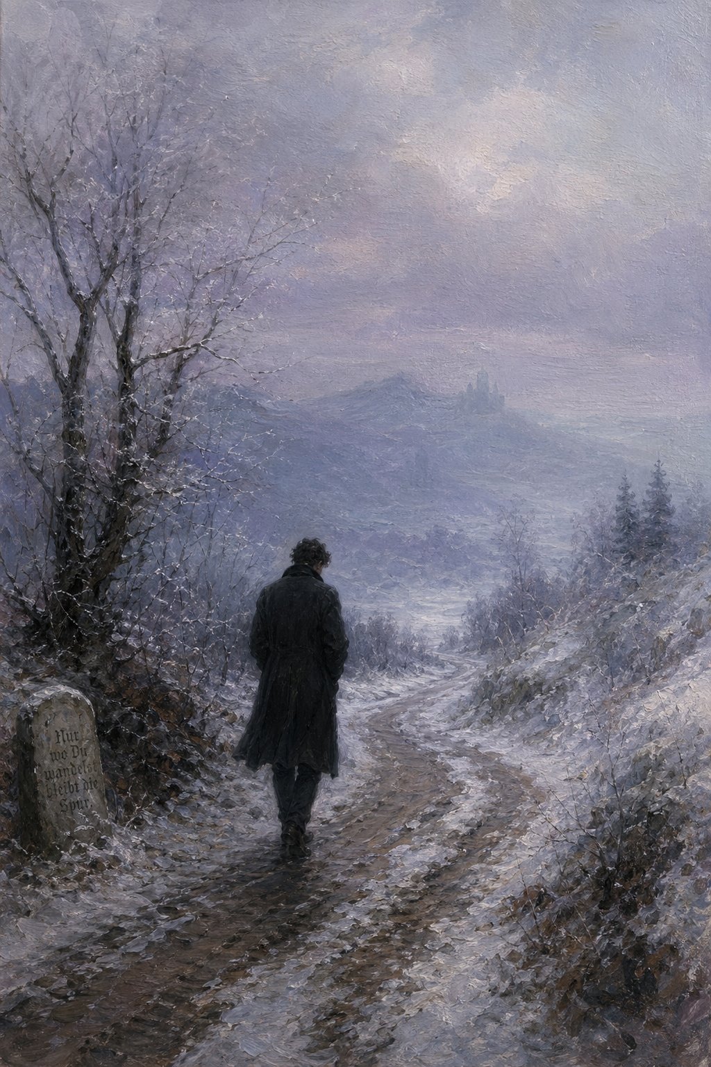 a solitary winter journey evoking the emotional arc of a romantic era song cycle