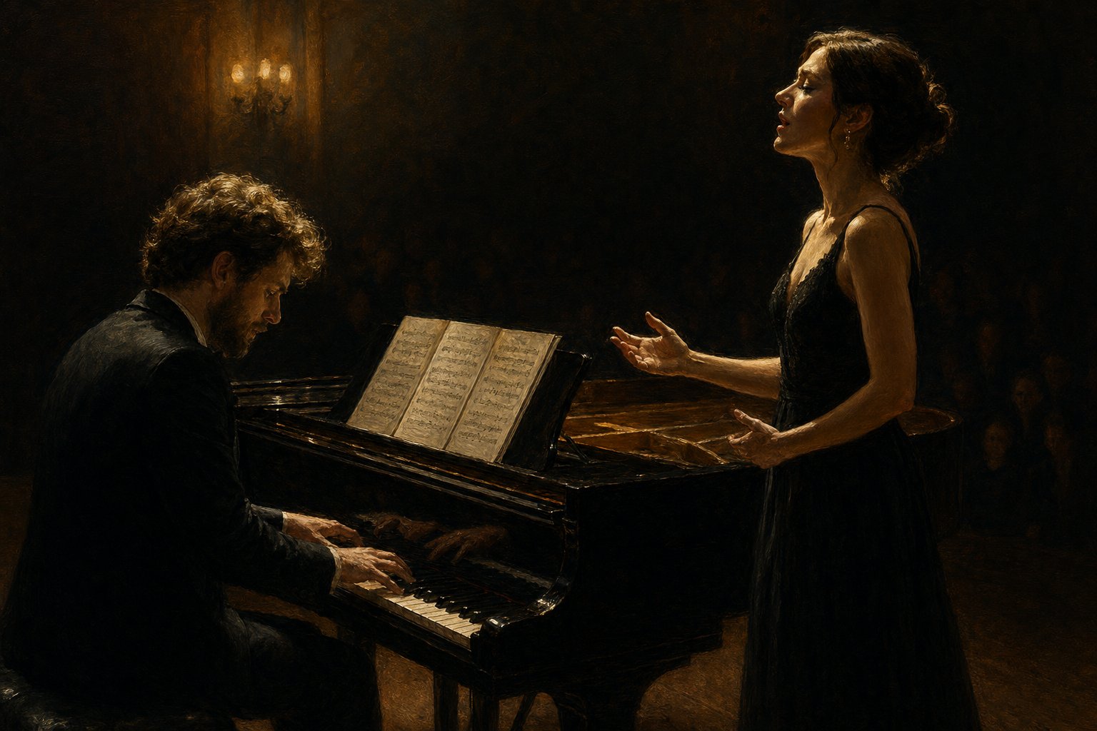singer and pianist in deep collaboration during an intimate art song recital performance