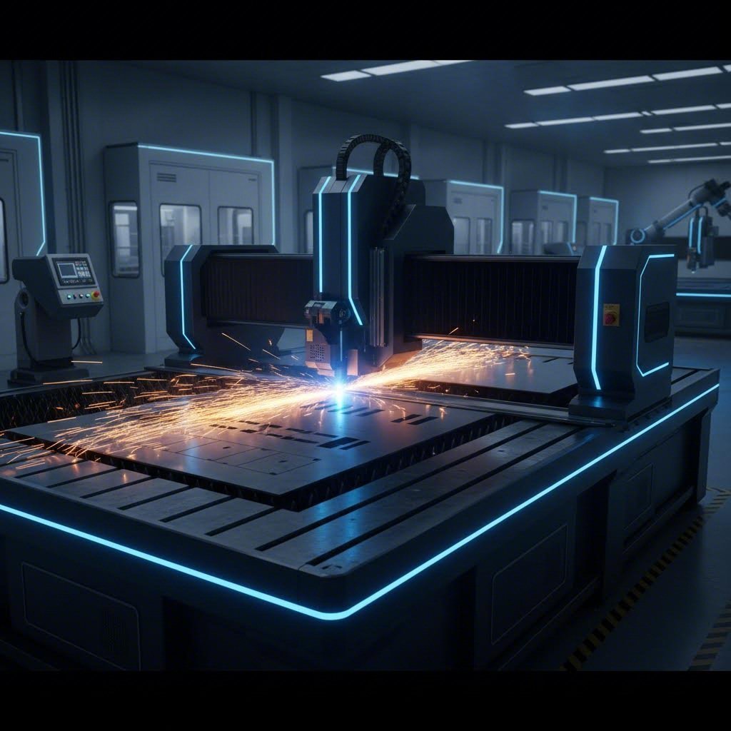 industrial fiber laser cutting steel with precision sparks in manufacturing facility