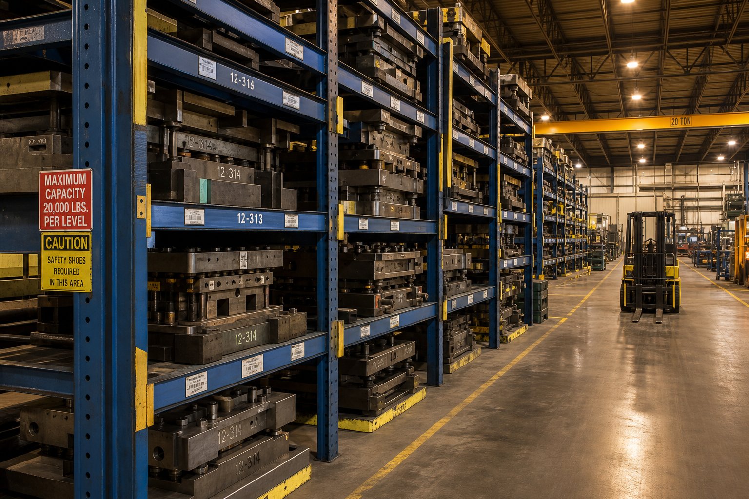 heavy duty die storage racks in an industrial facility designed to safely house precision stamping tooling