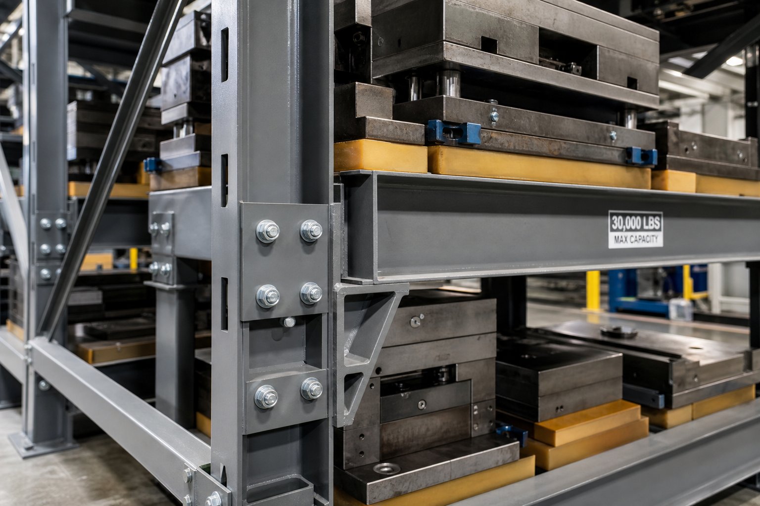 structural i beam racks with polyurethane die blocks provide the load capacity and surface protection heavy stamping dies require
