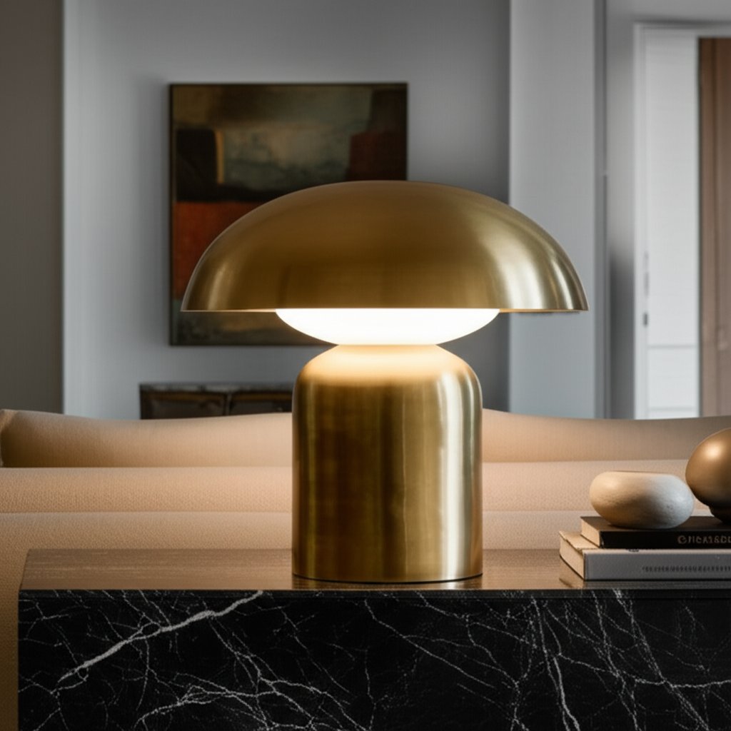 a large dome brass lamp creates bold balanced lighting in contemporary interiors