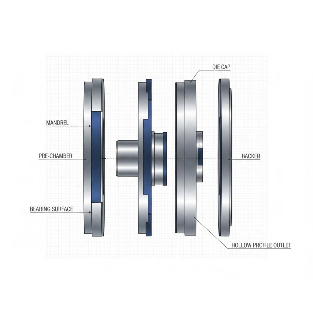 hollow die assembly components used in circular aluminum extrusion manufacturing