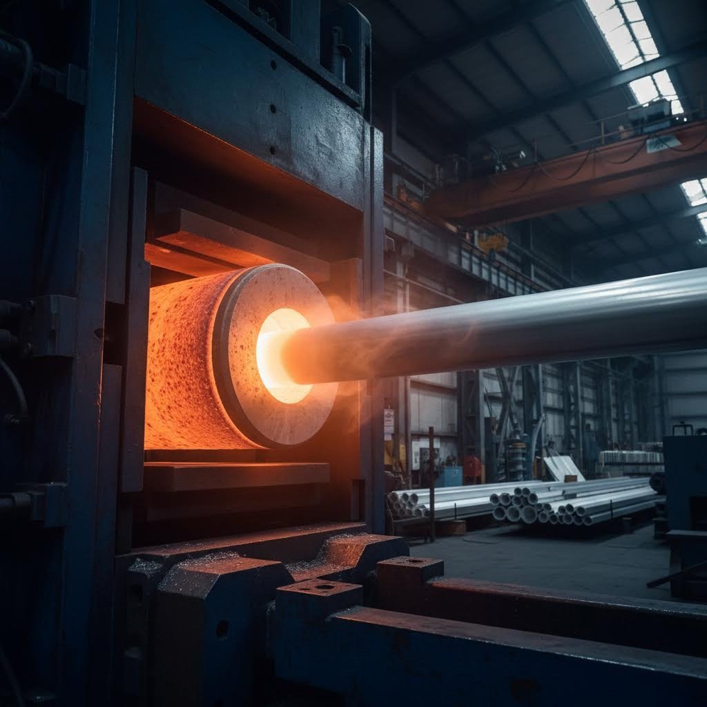 hydraulic press forcing heated aluminum through a circular die to create seamless tubular profiles